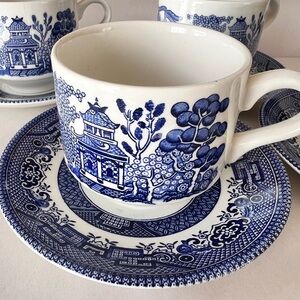 Vintage Churchill 4 Blue and White Porcelain Tea Cup and Saucer Sets